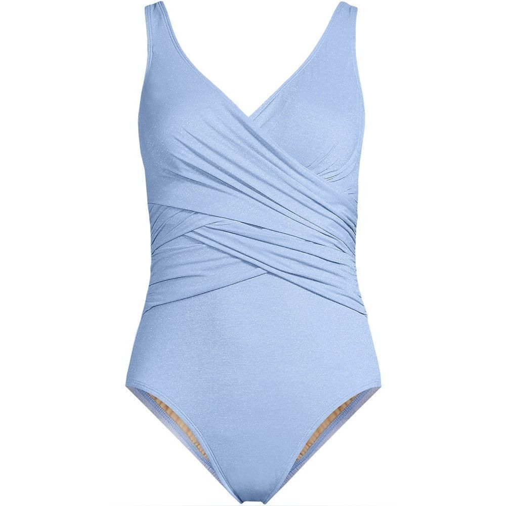 Land's End Slender Suit Shine Wrap one pieceāswimsuit soft cloud blue 10 DD